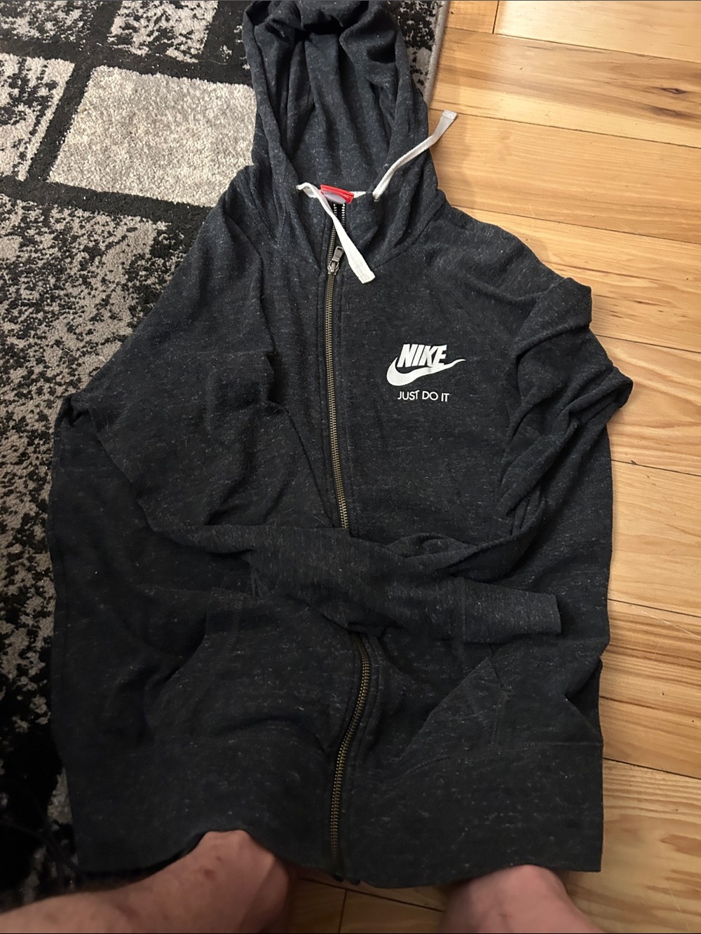 Nike Men's Dark Gray Zip-Up Hoodie with White Logo